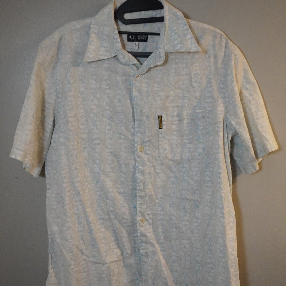 AJ Armani Jeans Made in Italy Cotton Linen Pattern Short Sleeve Button-Up Shirt